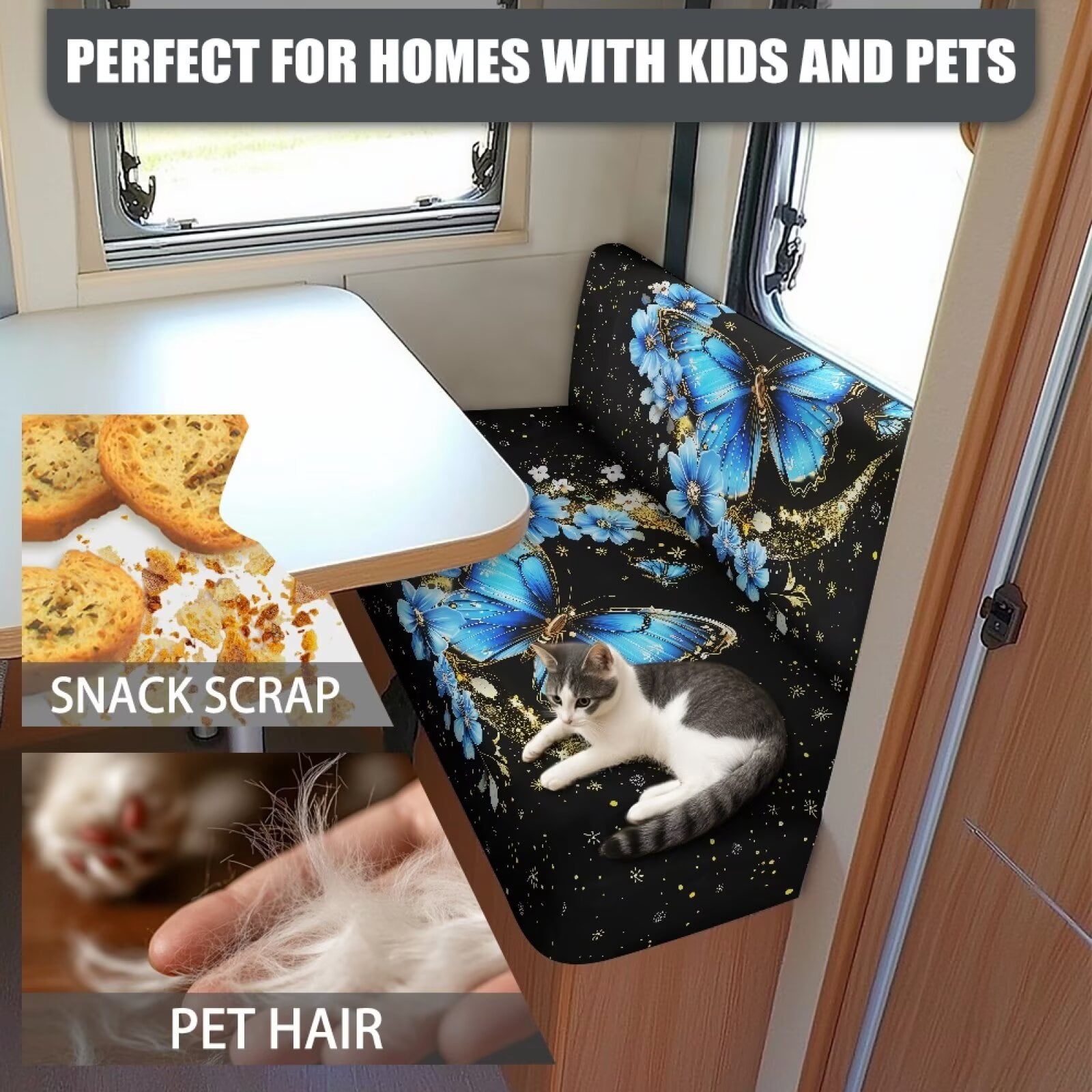 XYZCANDO Butterfly Moon RV Dinette Cushions Stretchable Camper Accessories Universal Bench Seat Cover Stylish Camper Decor Couch Cover 2 Cushion Sofa 1 Backrest Cover and 1 Bench Cover Black