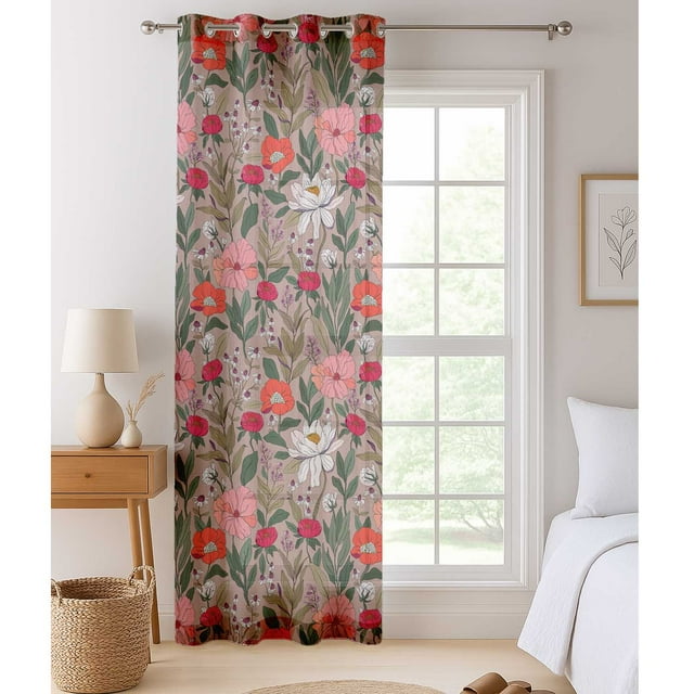 Vargottam Flowers Print Sheer Curtains for Short Windows Set of 2 Panels, 63" Length, Grommet Top, Printed Georgette, Light Filtering Drapes for Kitchen or Bedroom