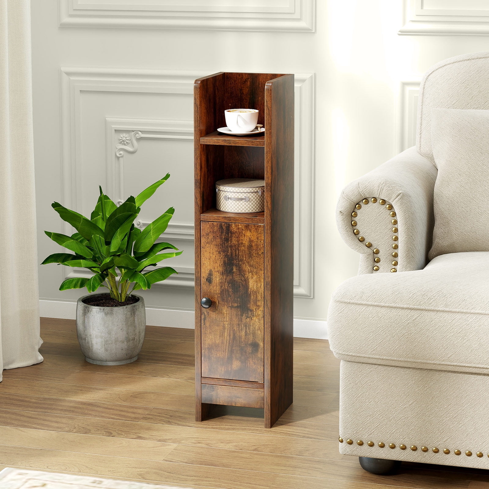 Topbuy Bathroom Storage Cabinet Small Corner Floor Cabinet with Door and Adjustable Shelves Toilet Paper Holder Stand Brown