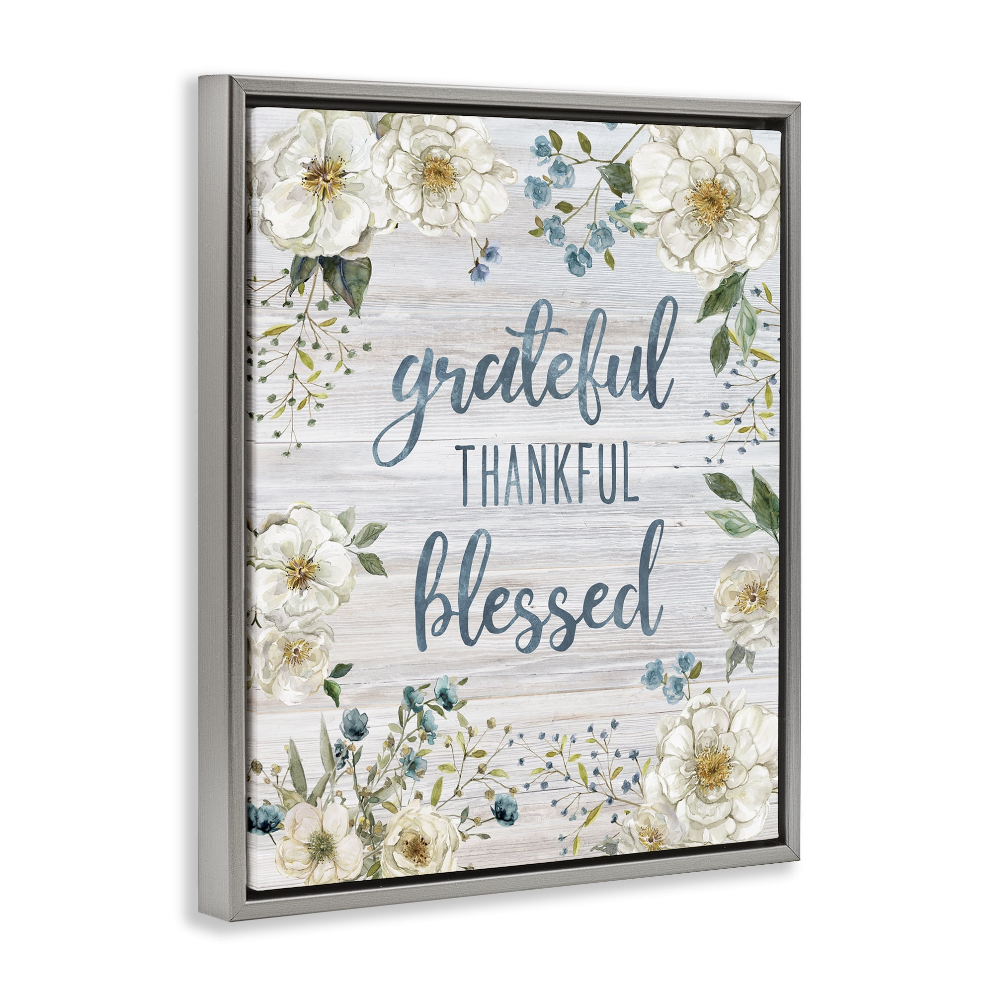 Stupell Industries Floral Gratitude Phrases Plants & Flowers Painting Gray Floater Framed Canvas Art Print Wall Art, 17 x 21