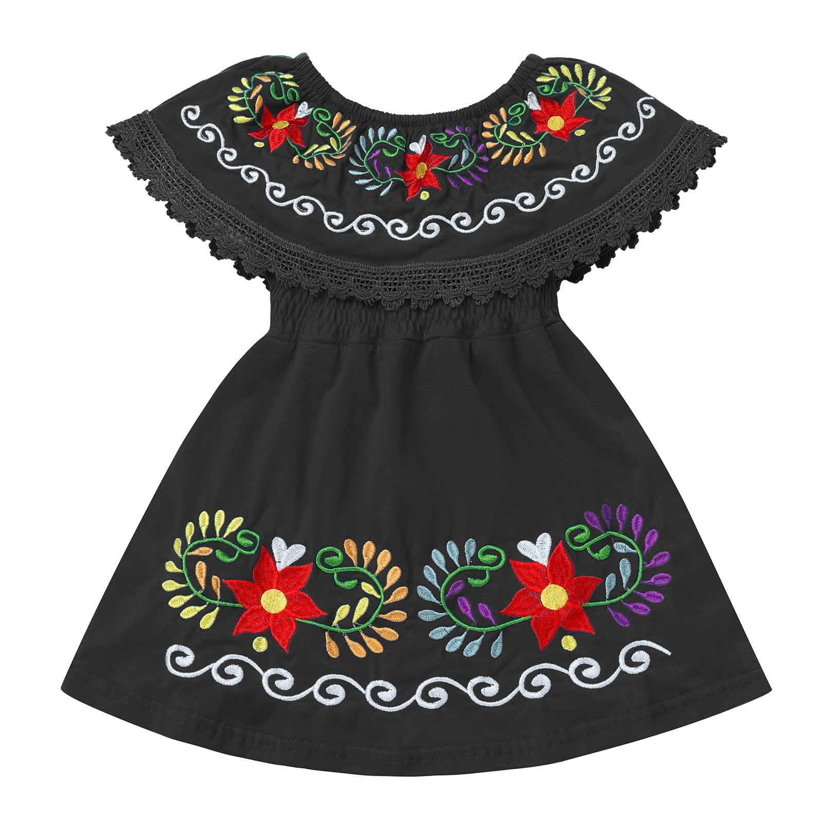 IDOPIP Toddler Baby Girls Floral Embroidered Mexican Dress Ethnic Wear Off-Shoulder Sundress 18-24 Months,Black