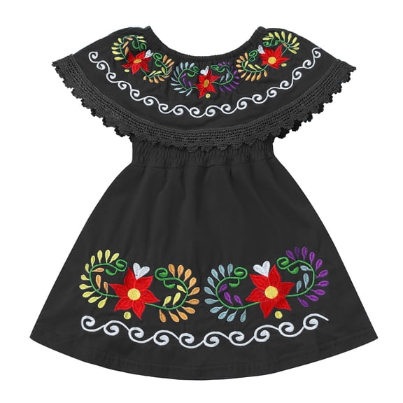 IDOPIP Toddler Baby Girls Floral Embroidered Mexican Dress Ethnic Wear Off-Shoulder Sundress 18-24 Months,Black