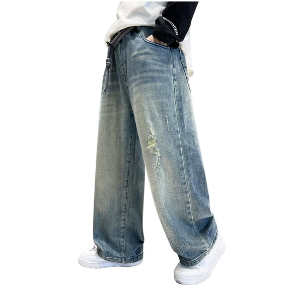 Babcutegg Jeans for Teen Girls Side Pocket Loose Fit Comfortable Wide Leg Girls Fall and Winter Pants Blue Size 5