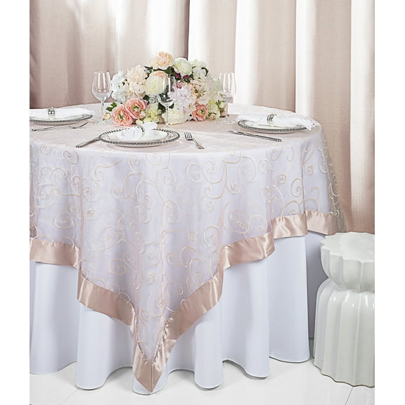 Wedding Linens Inc. 85"x85" Embroidered Organza Sheer Table Overlay Toppers - Blush Pink
