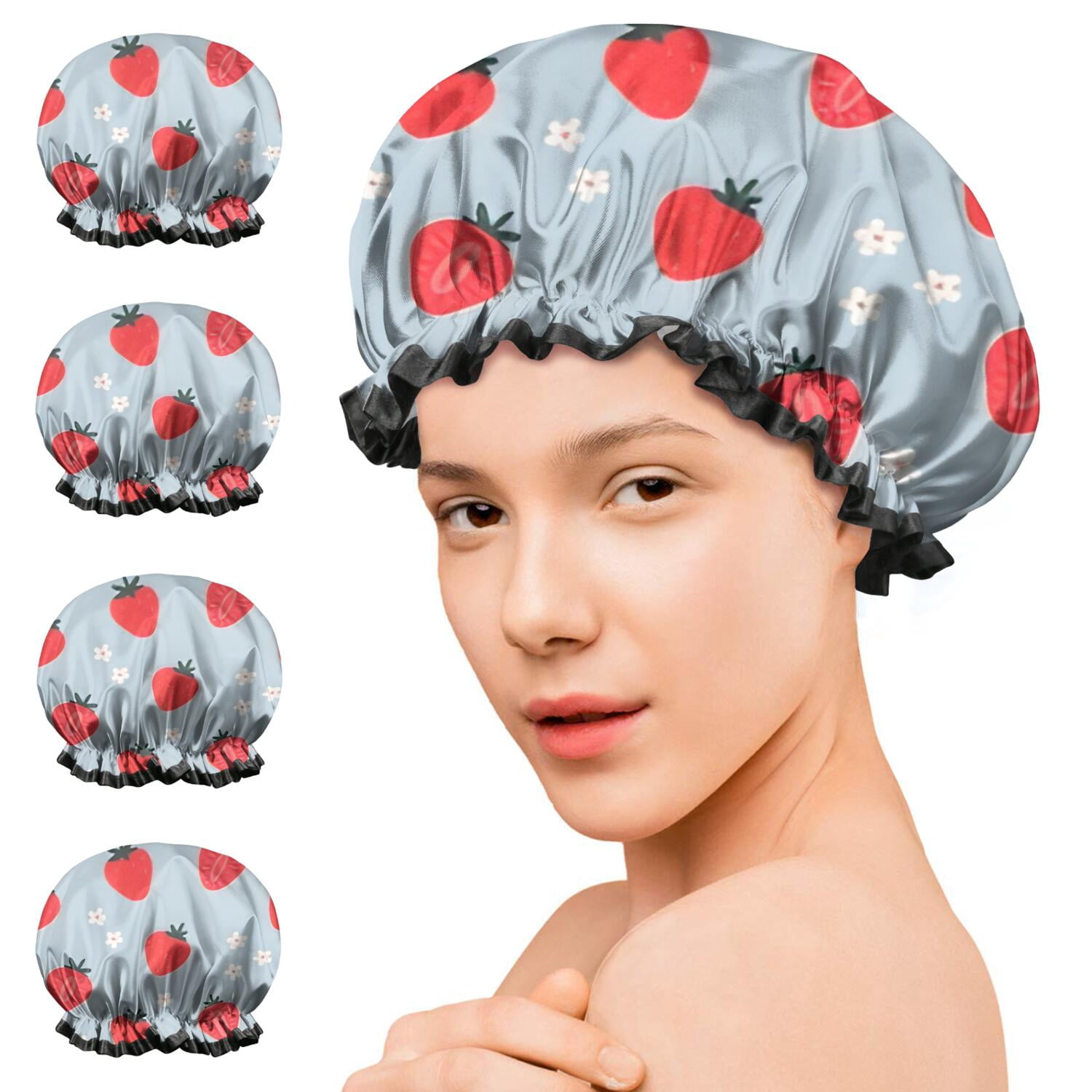 Shower Caps,Strawberry Plants Fruit Flower Waterproof Shower Cap for Women 4 Pieces,Double Reusable Hair Cover for Shower PEVA Elastic Stretch Hem