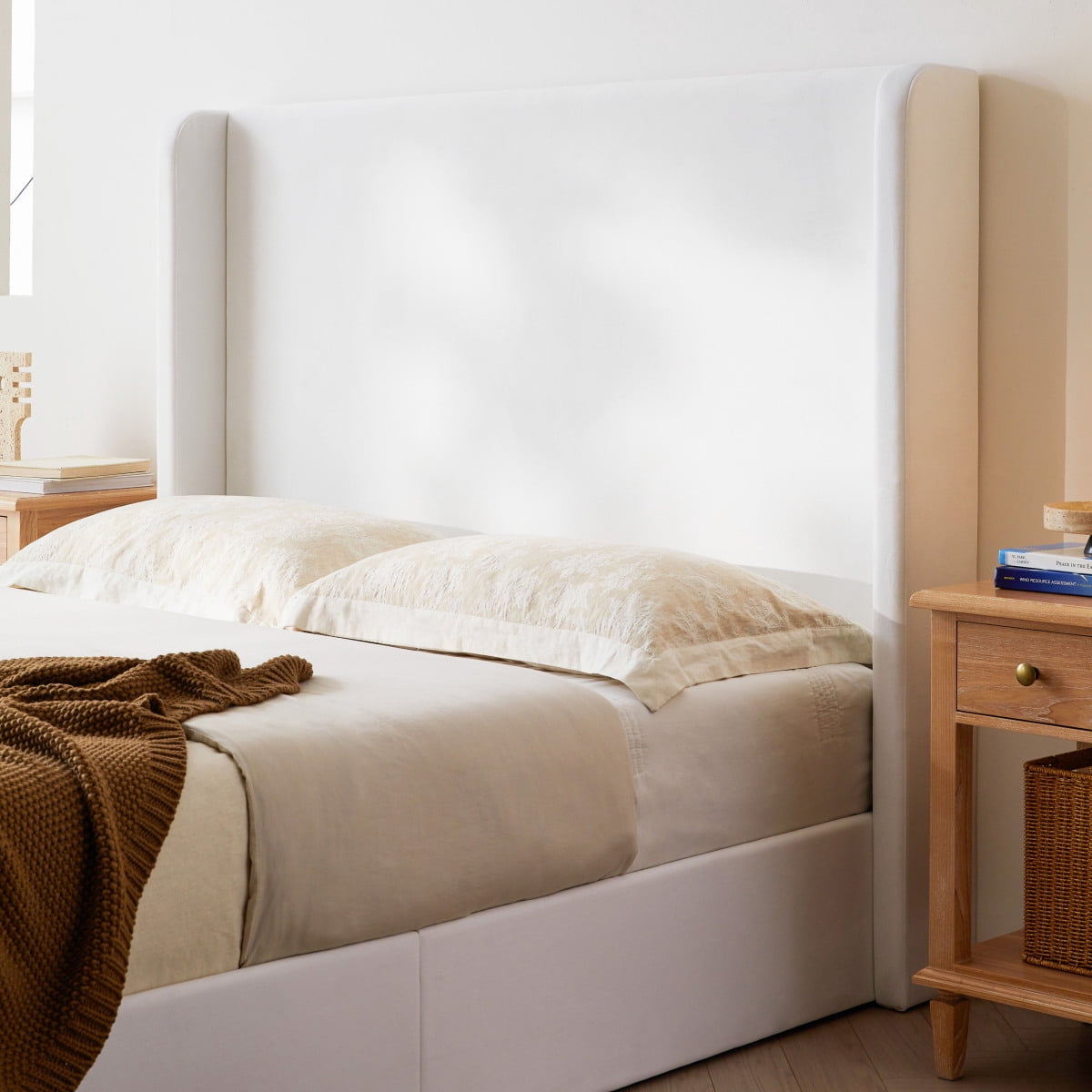 Luckynote Upholstered Wingback Platform Bed, King Frame with 52.3" Headboard, No Box Spring Needed, Minimalist Quiet Micro Suede Design for Master Bedroom, Coconut