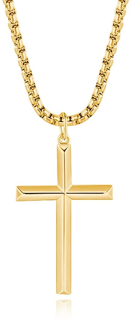 High Polished 14K Yellow Gold Plain Slender Large Cross Pendant with Chain Necklace High Polished 14K Yellow Gold Plain Slender Large Cross Pendant with Chain Necklace