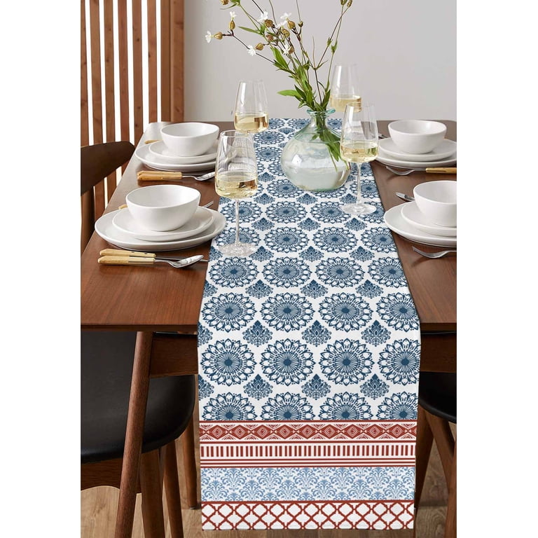 dresser runner Table Runner Dresser Scarf 13 x 120 Inch Vintage Medieval Bohemian Blue  Geometric Stripes Table Runners Non-Slip Heat Kitchen Dining Table Decor  for Indoor Outdoor Home Party Decoration