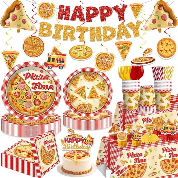 Red and Orange Pizza Party Decorations Tableware Set Serves 25,Disposable Plates and Napkins Set, with Cakes Toppers, Banner and Tablecloths