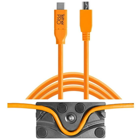 Tether Tools TetherBLOCK MC Multi Cable Mounting Plate with TetherPro 15' USB-C to Mini-USB 2.0 Type-B 5-Pin Cable, Orange