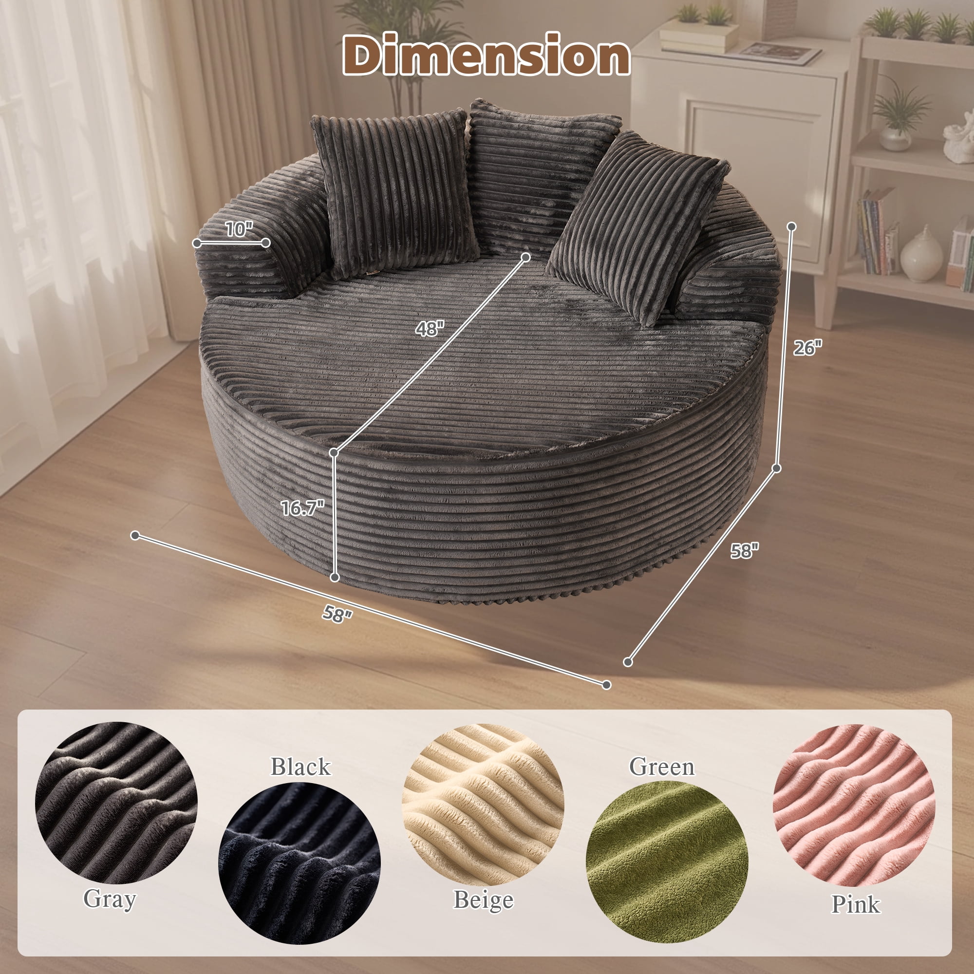 Ovios 58" Oversized Lounge Chair Round Cloud Deep Seat Accent Chair Plush Corduroy Boneless Sofa Chair for Living Room, Gray