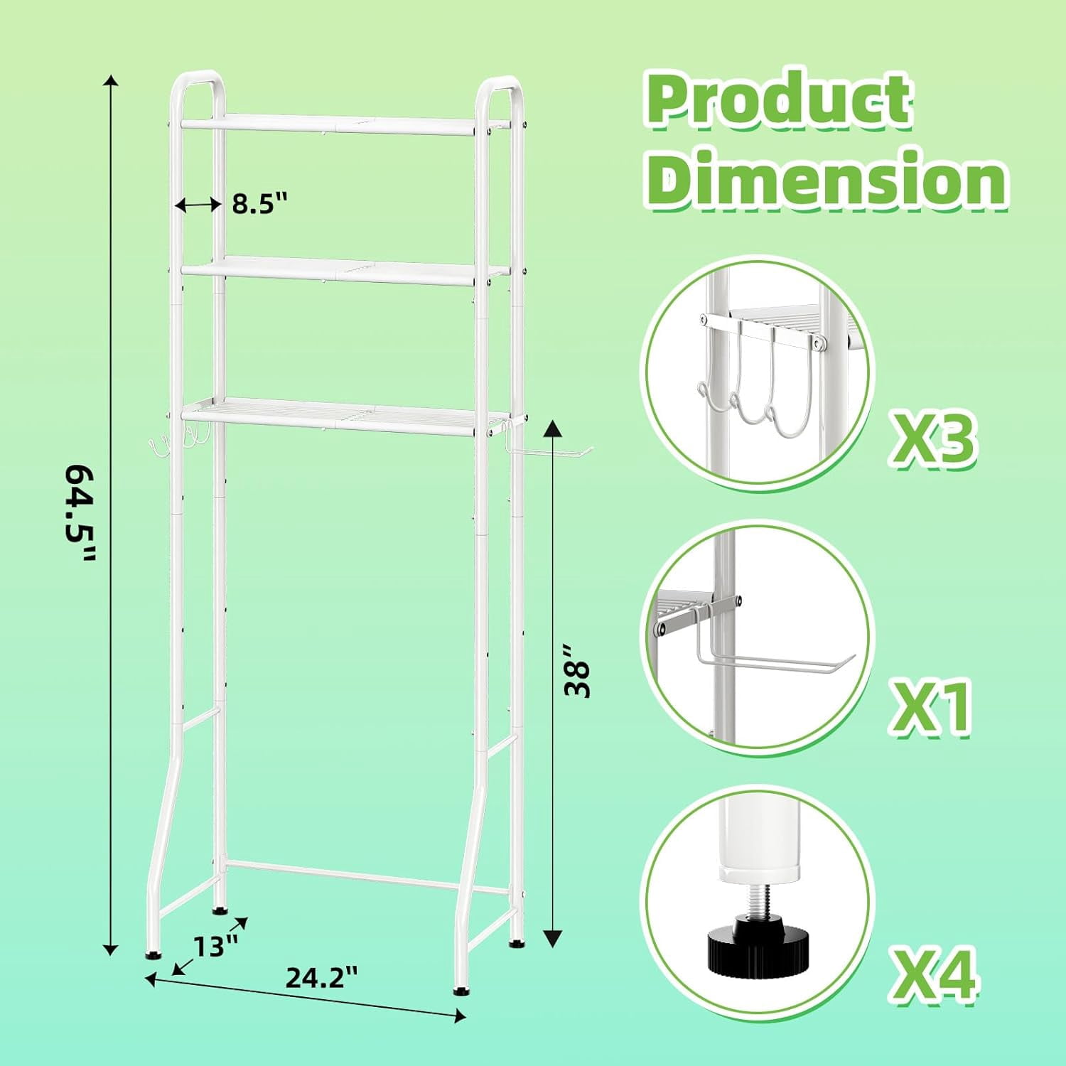 Over The Toilet Storage Rack, Metal 3 Tier Bathroom Organizer Shelf with Paper Holder and 3 Hooks, White