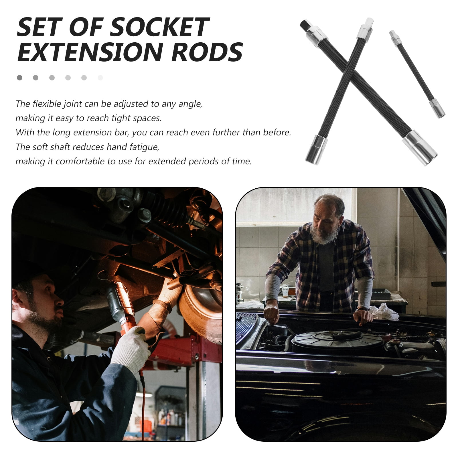 Flexible Socket Extension Set with 1/4 3/8 1/2 Inch Bars for Home Use Made of Steel Black Color