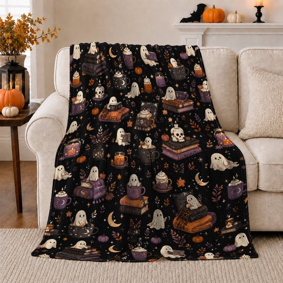 Ghost Pumpkin Scene Ghosts And Pumpkins Spooky Holiday Art Halloween Lovers Playful Harvest Motif Warm Flannel Blanket, Halloween Gift for Living Room and Family Room Home Decor