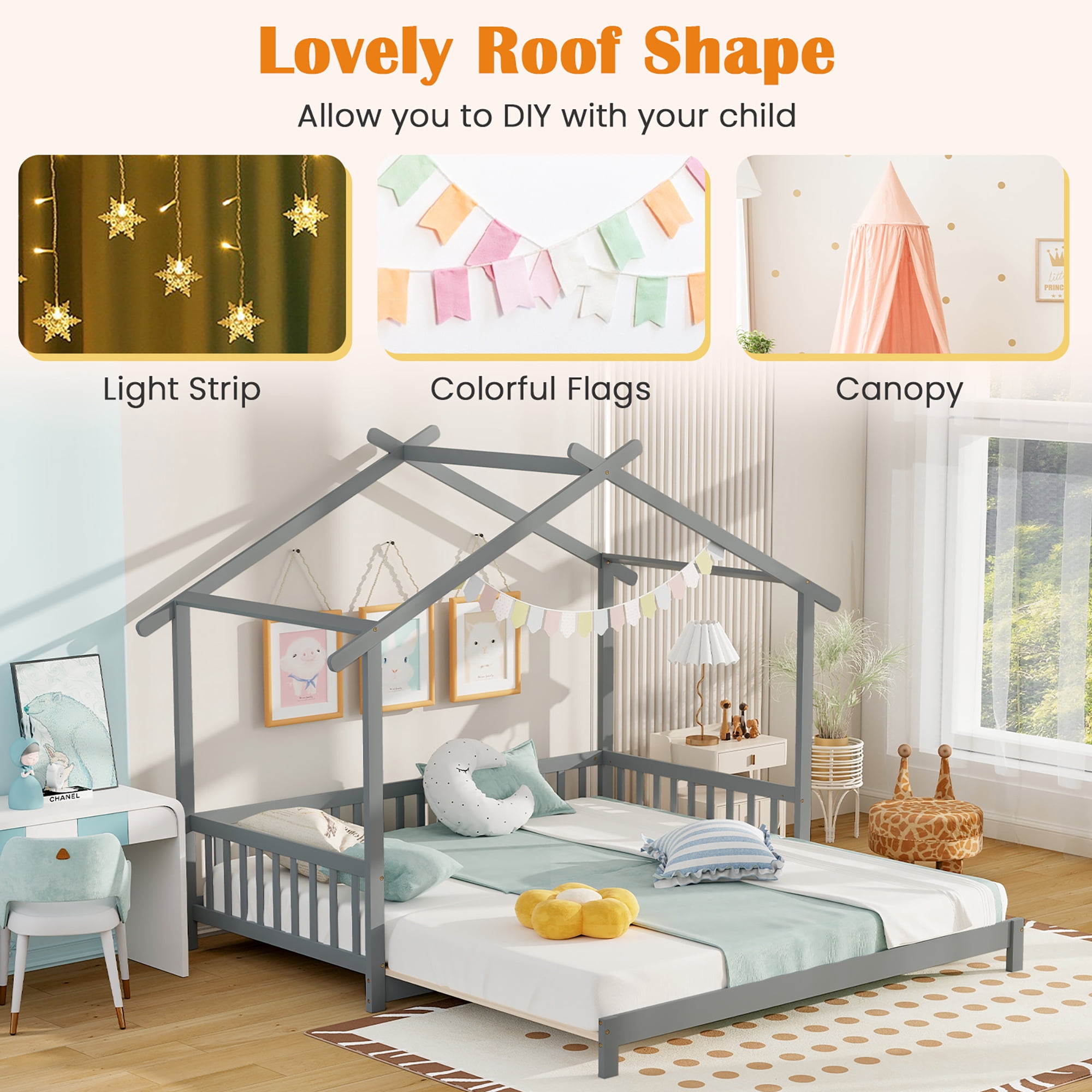 Gymax Wooden House Bed Twin to King Daybed w/ Safety Rails & Decorable Roof Gray