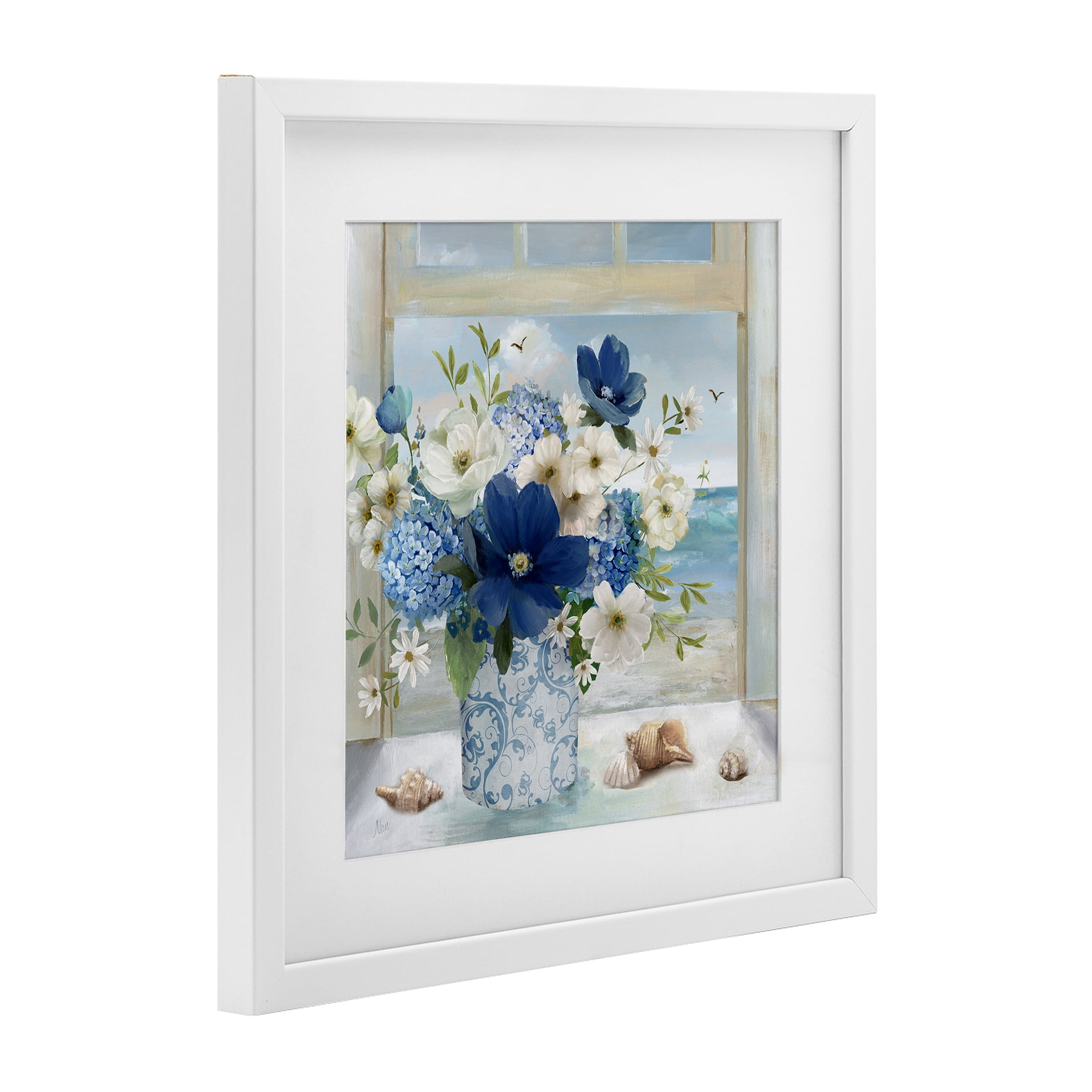 Stupell Industries Seaside Blue & White Arrangement White Framed Print Under Glass, design by Nan