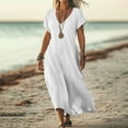thumbnail image 2 of Summer Long Dress Womens Plus Size Linen Flowy Boho Dresses Short Sleeve V Neck Casual Beach Maxi Sundress (5XL, White), 2 of 6