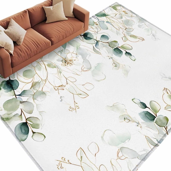 5x7 Area Rugs for Living Room, Eucalyptus Leaves Non Slip Area Rugs for Kitchen Bedroom Entryway, Watercolor Sage Green Golden Floral Washable Carpet Runner Rug Floor Mats for Bedroom Home Decor