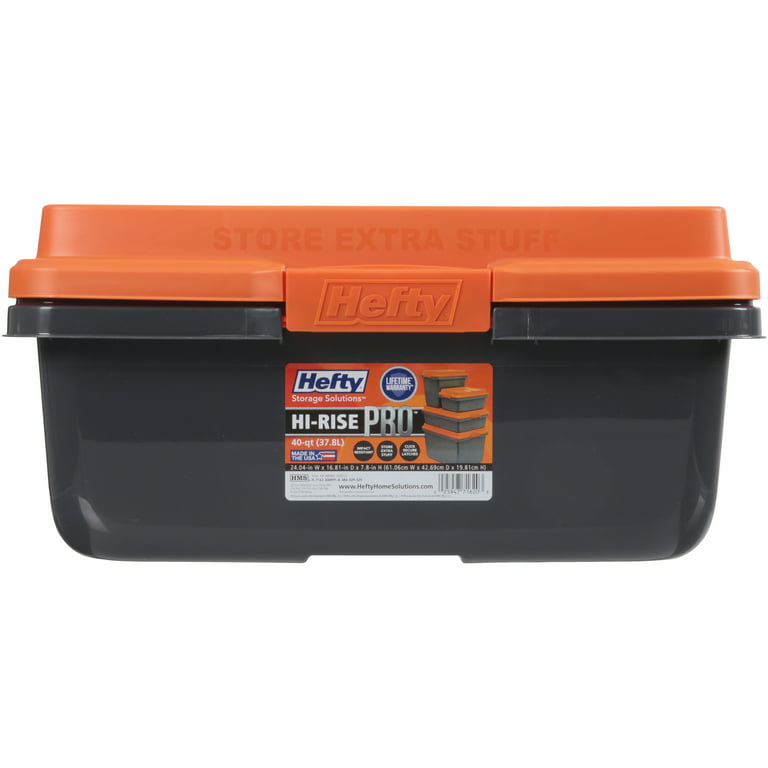 Hefty HI-RISE PRO Heavy Duty 40 Qt. Latch Storage Bin, Orange/Gray