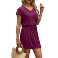 thumbnail image 3 of Qaspx Summer Dresses for Women V Neck Casual T-shirt Dresses Tie Waist Mini Dress with Pockets, 3 of 5