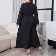 AURA Plus Size Rhinestone Maxi Dress Long Sleeve Elegant Commuting Polyester Long Skirt 0XL 4XL Black