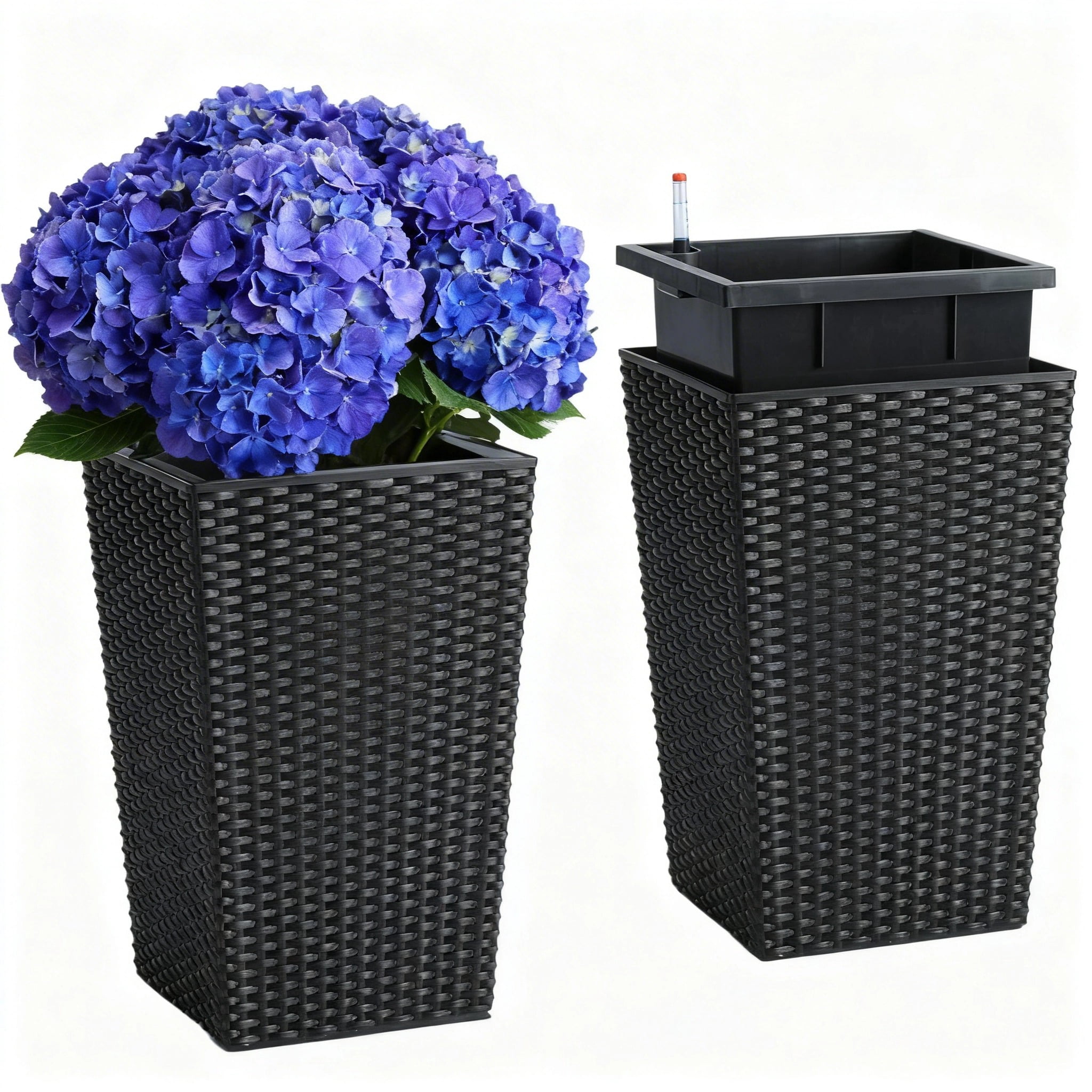 Garvee 15.6" Tall Planter Pots Set of 2, Rattan style, Tray & Water Level Monitor, Black