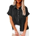 thumbnail image 2 of Rovga Women Shirt Solid Color Tops Lapel Short Sleeve Tees Fashion Summer Casual Workout Basic Tops Black L, 2 of 5