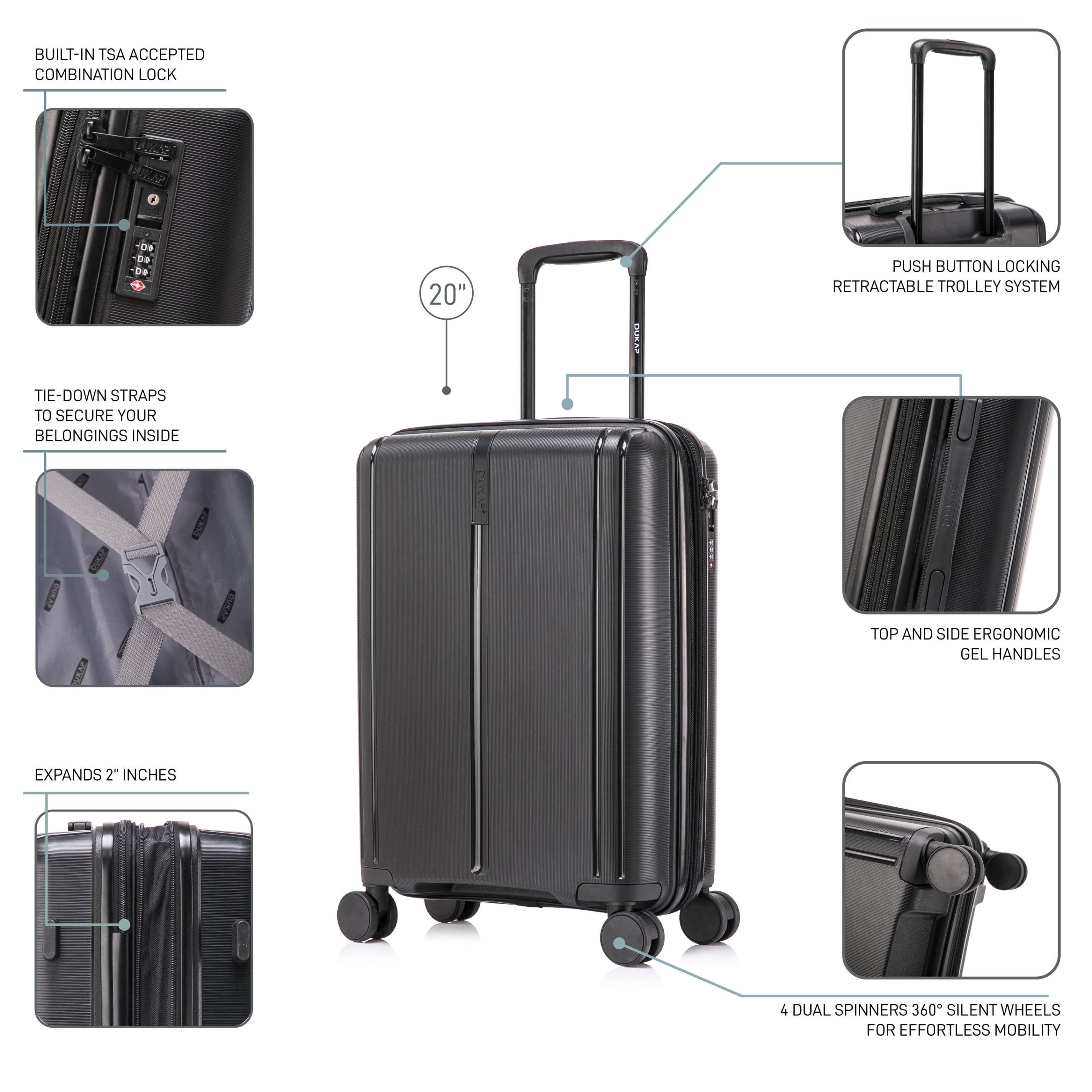 DUKAP Crypto 20" Hardside Lightweight Luggage with Spinner Wheels, Handle and Trolley, Black