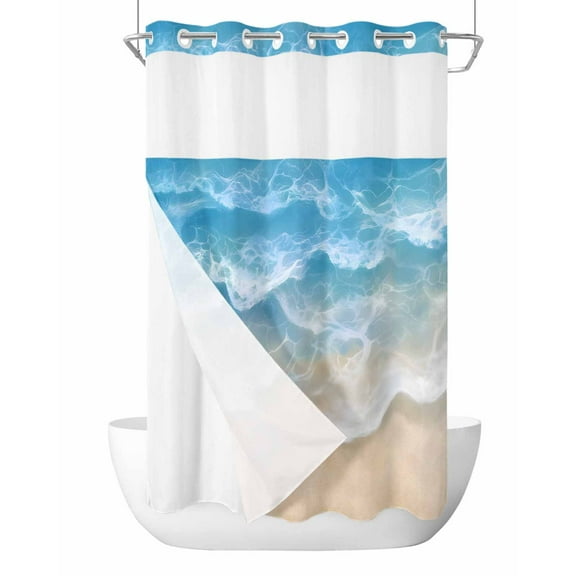 No Hook Cloth Fabric Shower Curtain with Snap in Liner, Blue Ocean Waterproof Shower Curtains Set with See Through Top Window, Nature Summer Beach Brown Sand Water Ripple Bath Curtains Shower 54"x78"