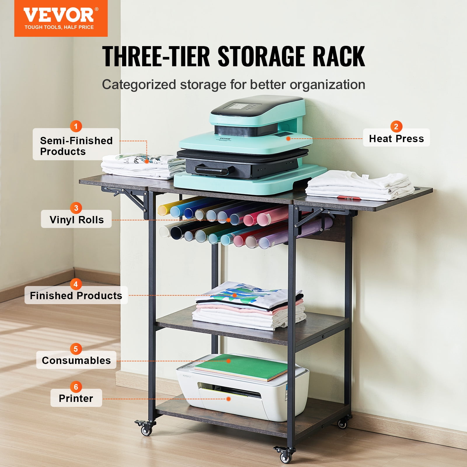 VEVOR Heat Press Table, 3 Tier Movable Heat Press Stand, Foldable Heat Transfer Machine Stand with Wheels and Vinyl Roll Holder, Rolling Metal Workbench for Sublimation Transfer Machine, Brown