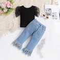 thumbnail image 4 of Odeerbi Toddler Girls 2 Piece Outfits Cotton Puff Sleeve Tops Ripped Jeans Set Summer Clothes Fashion Casual Short Sleeve Blouse Round Neck Solid Color Long Pants Sets Black, 4 of 9
