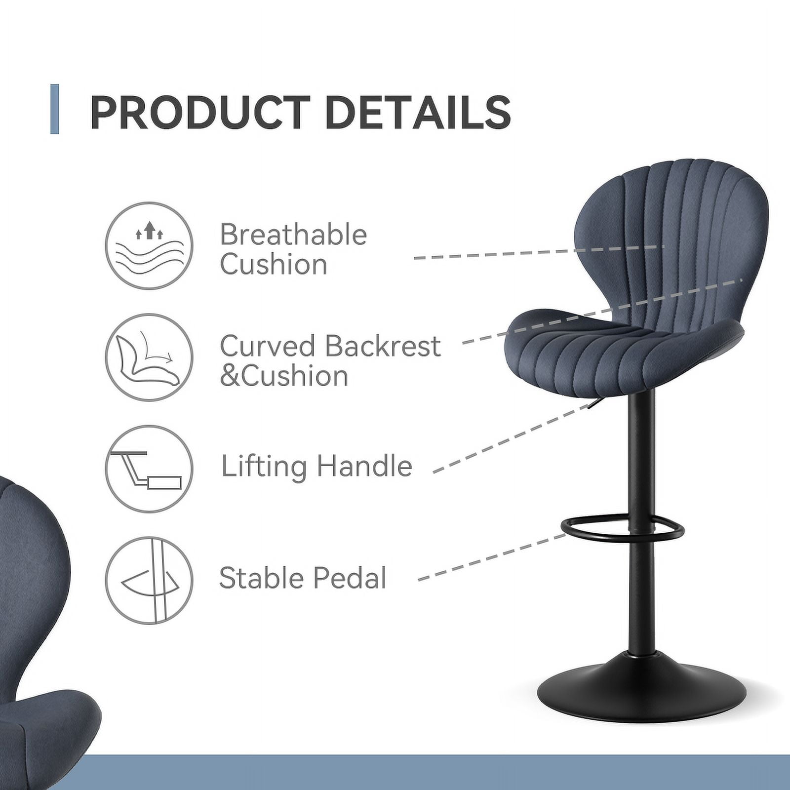 MOONMISS Modern Adjustable Bar Stool Faux Leather Bar Stool, Dark Gray(Set of 2)