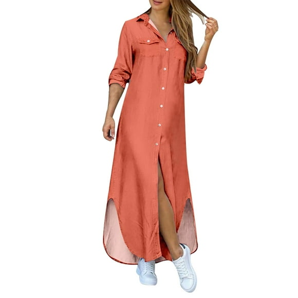 2025 Women's Lapel Buttons Business Casual Dresses for Women Summery Slit Shirt Dress Petite Summer Dresses Long Summer Dress for Women Deep V Dress Midi Dress for