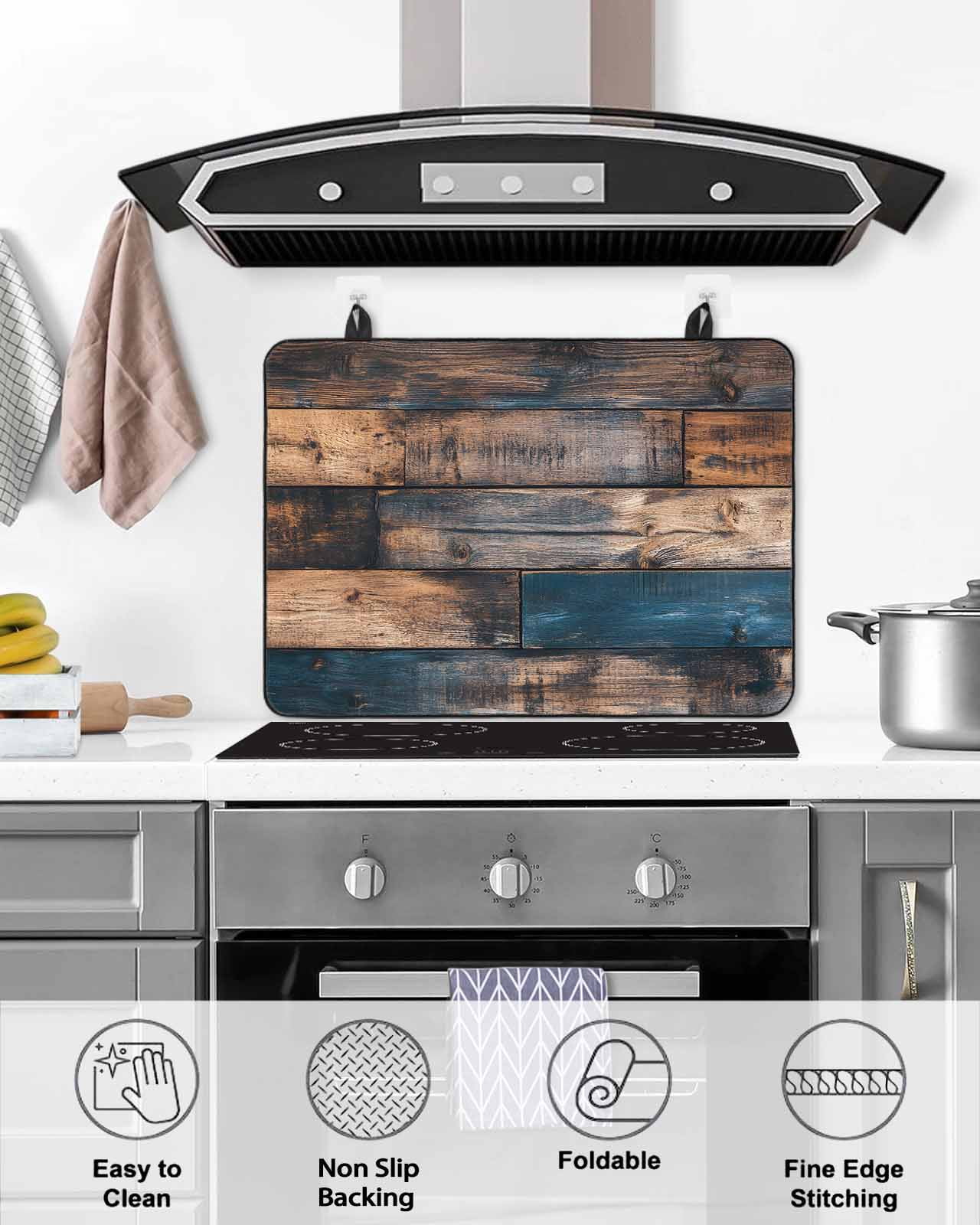 nqOlkjepod Large Induction Cooktop Protector Mat 24"x21", Vintage Wooden Stove Top Covers for Electric Stove, Farmhouse Retro Shabby Wood Decorative Stove Burner Cover Mats, Glass Top Stove Cover
