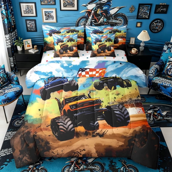 Castle Fairy Graffiti Monster Truck Twin Bedding Sets 7-Piece for Kids, Checkered Race Flag Bedding Comforter Set for Nursery, orange green