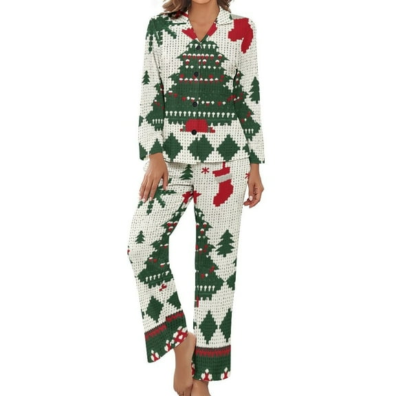 PoBuds Women's Long Sleeve Flannel Pajama Set Sleepwear Knitted Christmas Tree L
