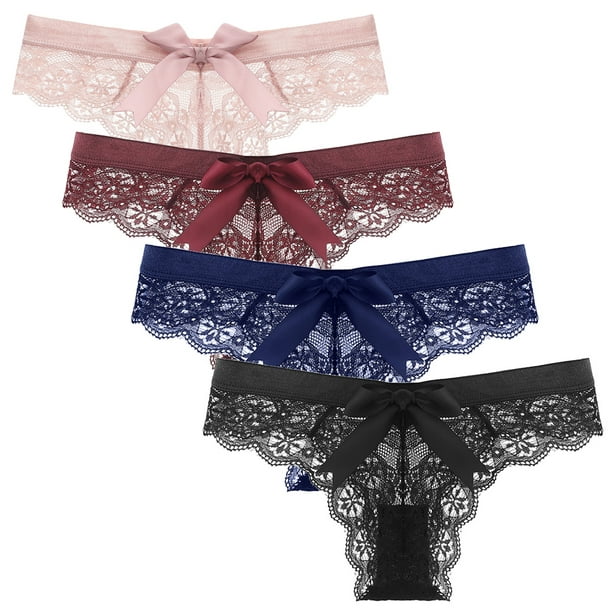 Women Thongs Underwear Lace 4 Pairs Bowknot Decor G-string Briefs T-back  Panties 