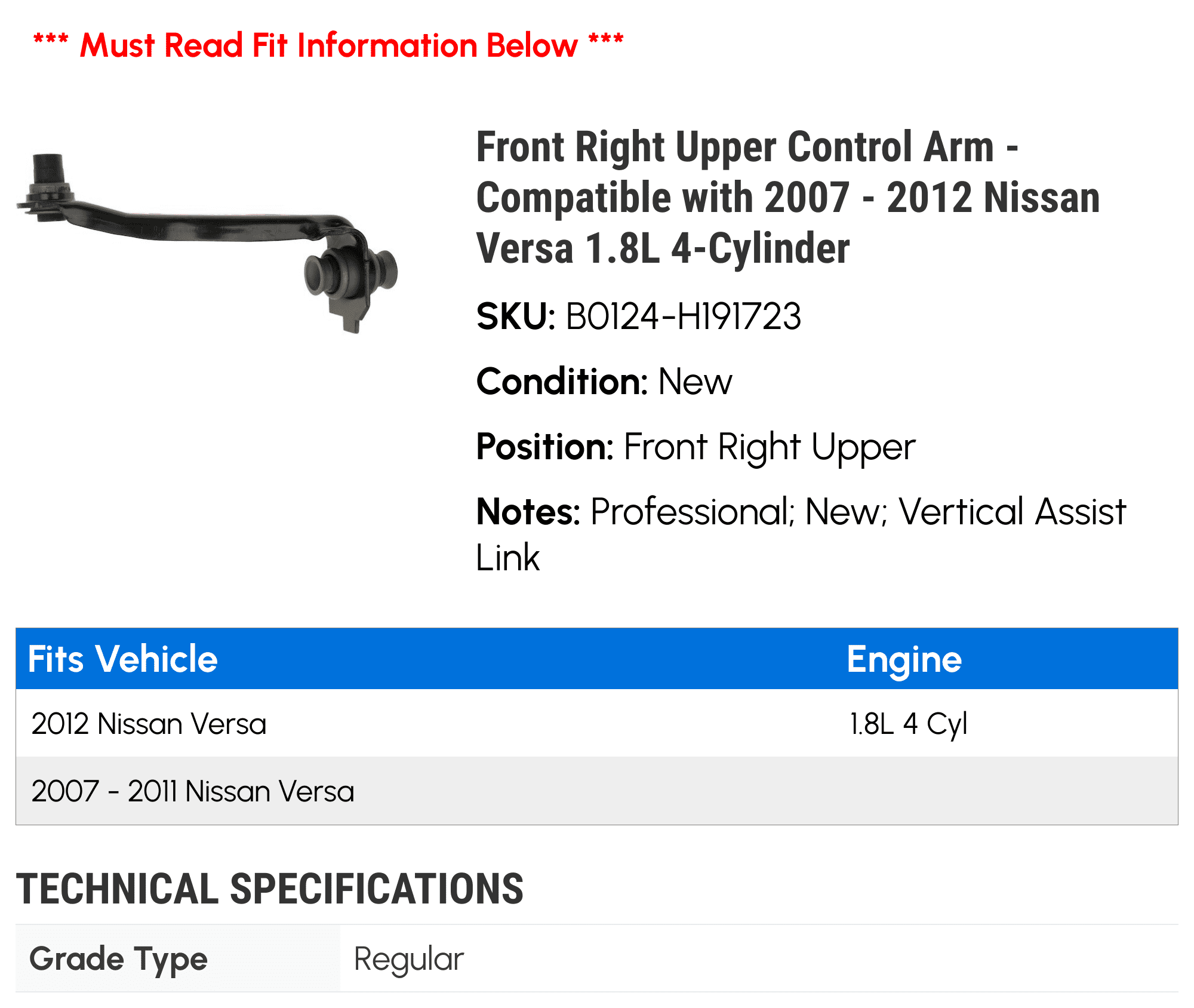 Front Right Upper Control Arm - Compatible with 2007 - 2012 Nissan Versa 1.8L 4-Cylinder - AC Delco