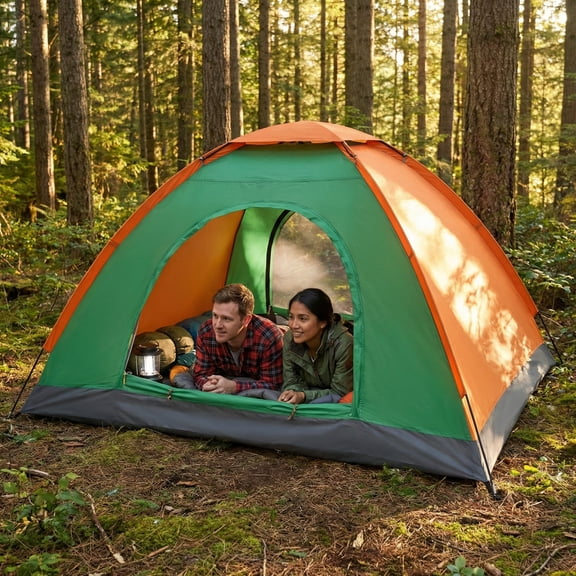 Lightweight 2-Person Waterproof Dome Tent for Outdoor Adventures, Orange & Green