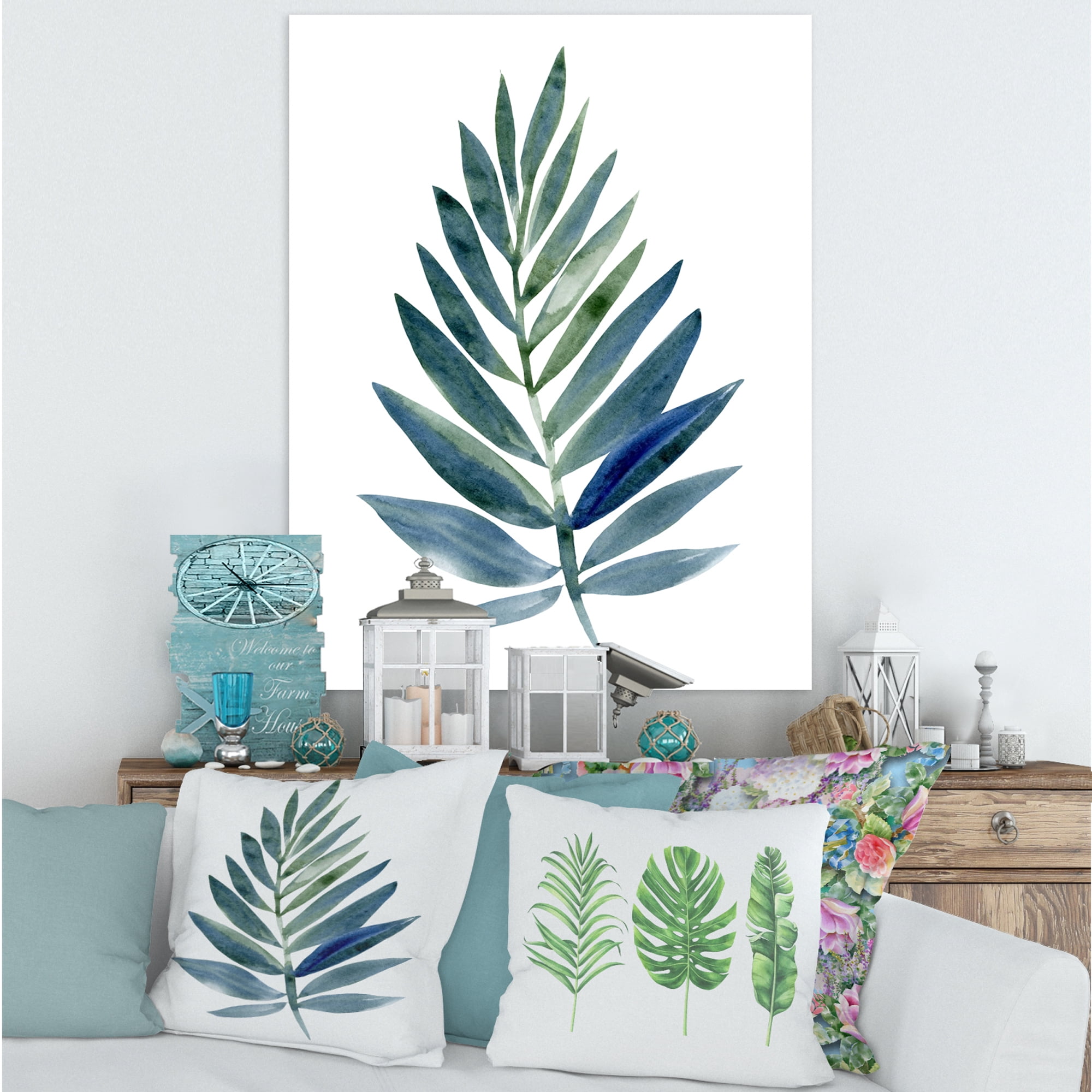 Designart ' Tropical Green Leaf On White ' Farmhouse Canvas Wall Art Print