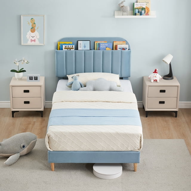 AKDSteel Velvet Platform Bed With Bookcase Storage Headboard, Upholstered Frame For Kids And Girls, Quiet Wood Slats And Metal Legs
