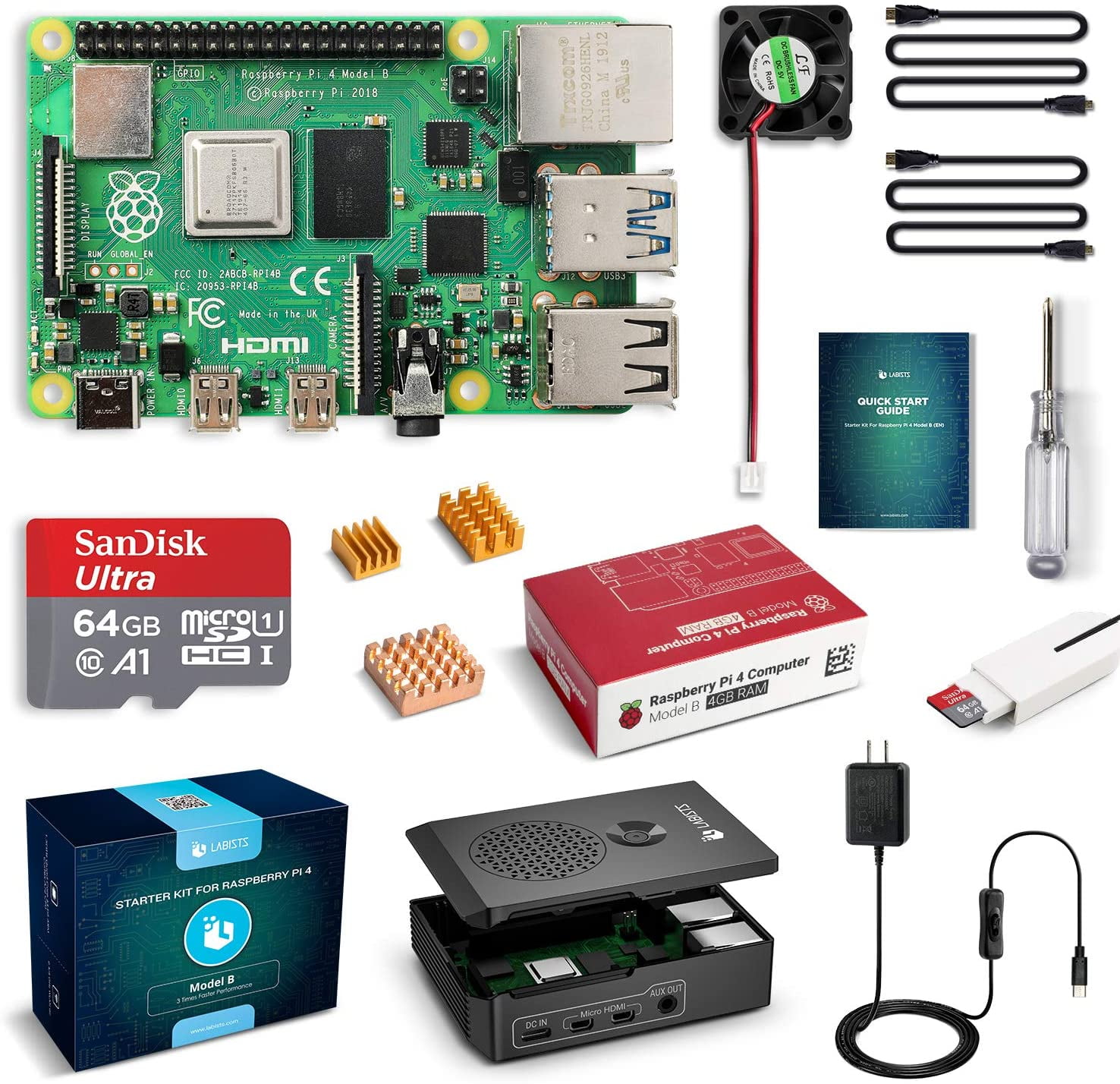 LABISTS Raspberry Pi 4 Starter Kit with 4GB RAM Board, 64GB Micro SD