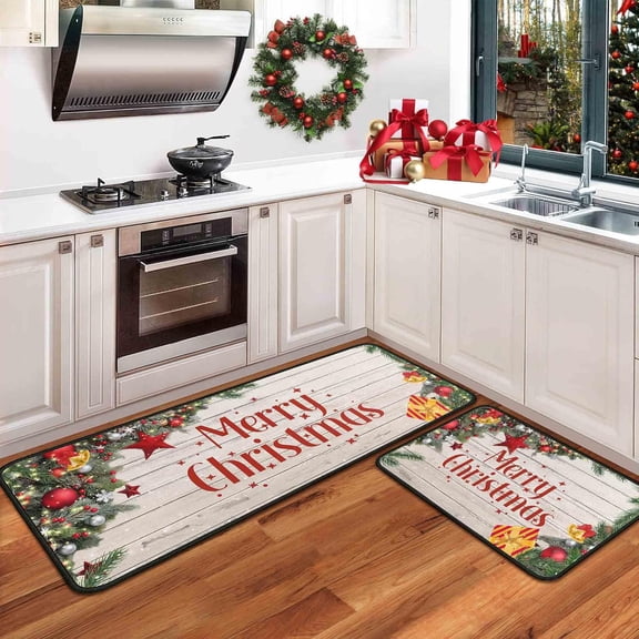 Christmas Kitchen Mats Set of 2 Kitchen Rugs Non-Slip Backing Floor Mat Xmas Decor Washable Runner Rug 17"x47.2" 17"x30" Merry Christmas Decorations for Home