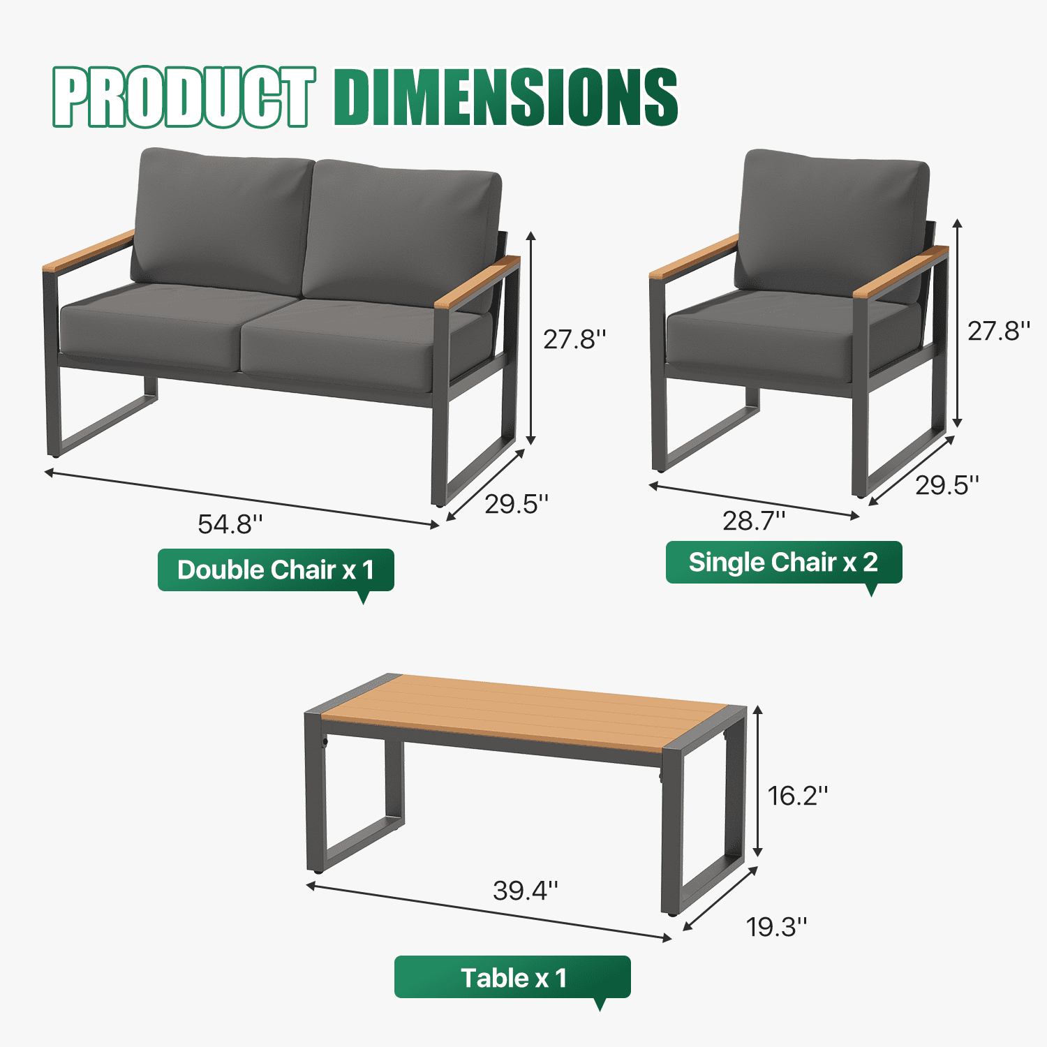 LazySunsets 4-Piece Outdoor Patio Furniture Set, Modern Metal Conversation Set for Porch, Deck, Balcony (Dark Grey)