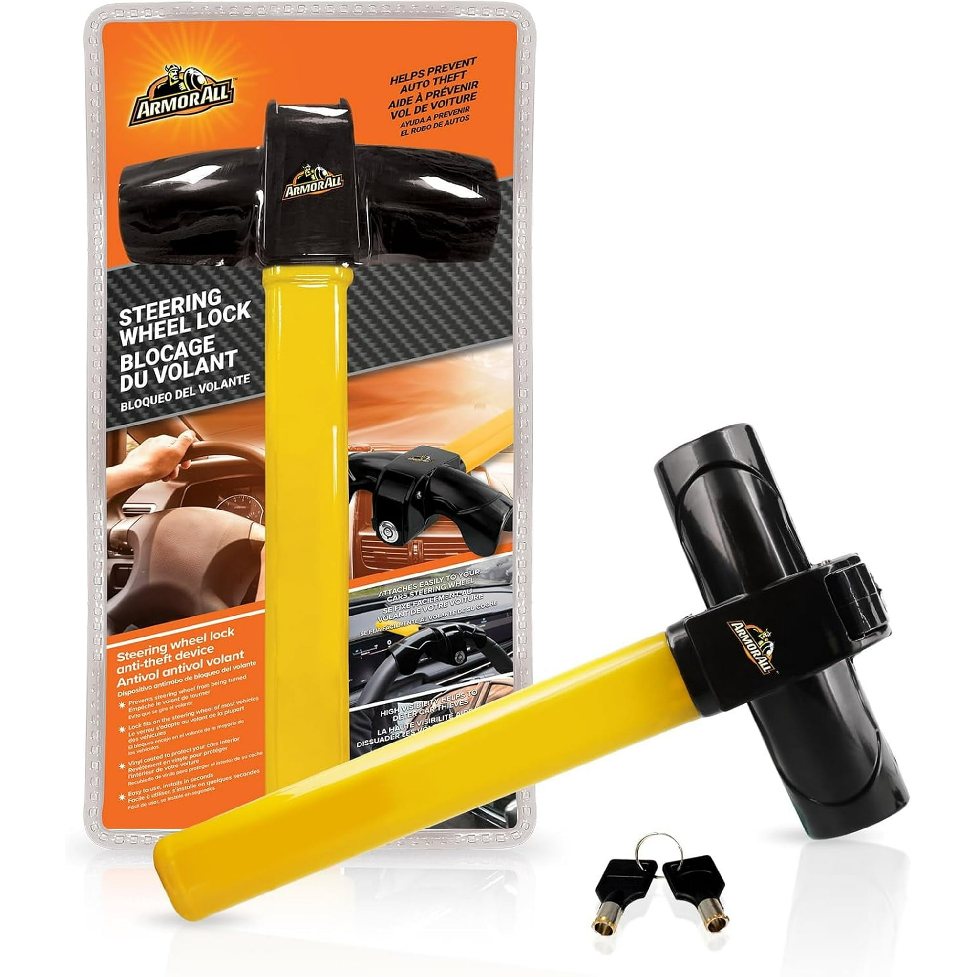 Armor All Steering Wheel Lock, Heavy-Duty Anti-Theft Car Device, Virtually Unduplicatable Unique Key Design, Carbon Steel Build, Easy Use Quick Lock, Universal Design for Steering Wheels 5.5”–5.7” in