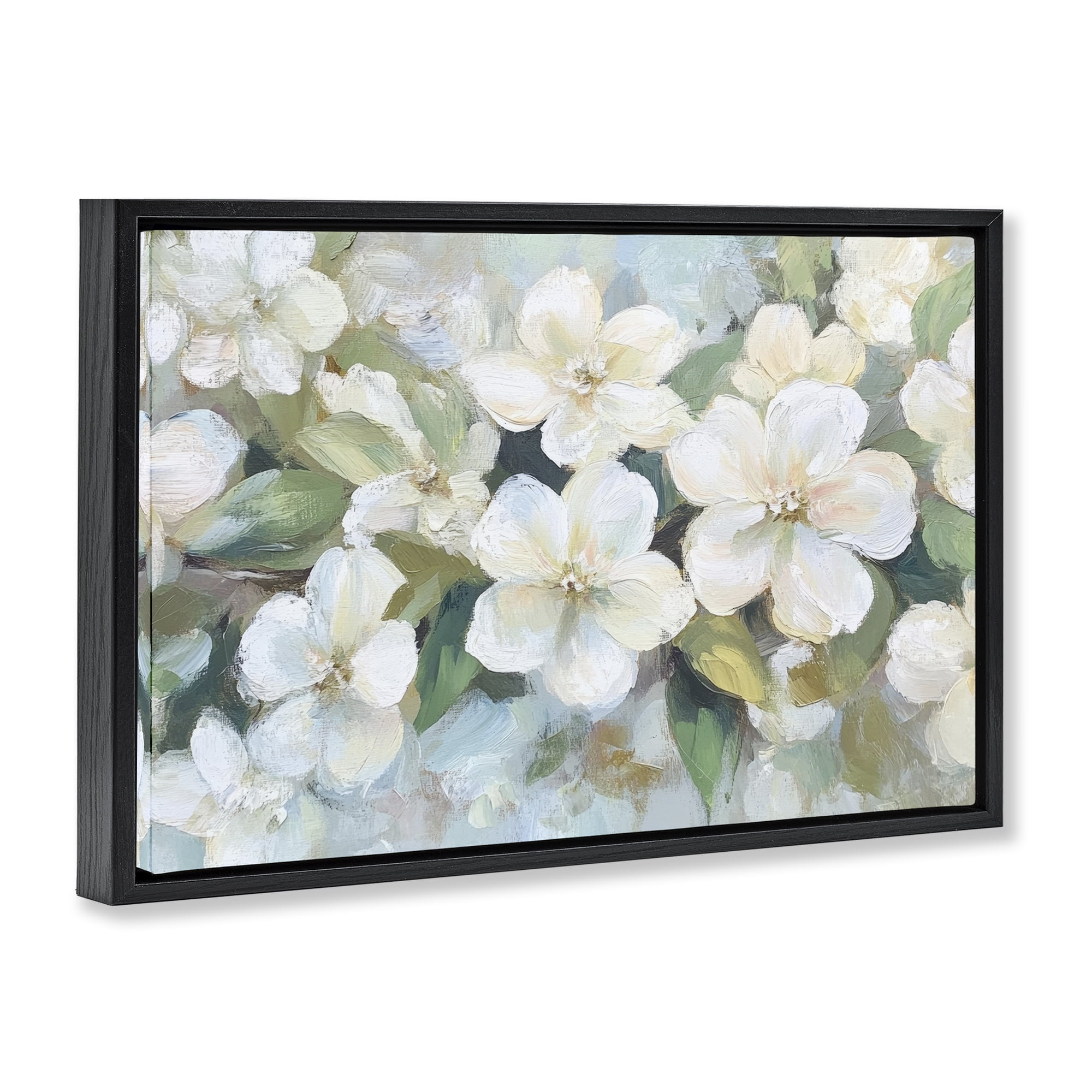 Stupell Industries Painted White Flowers in Leaves Black Framed Floater Canvas Wall Art, design by Petal Prints Design