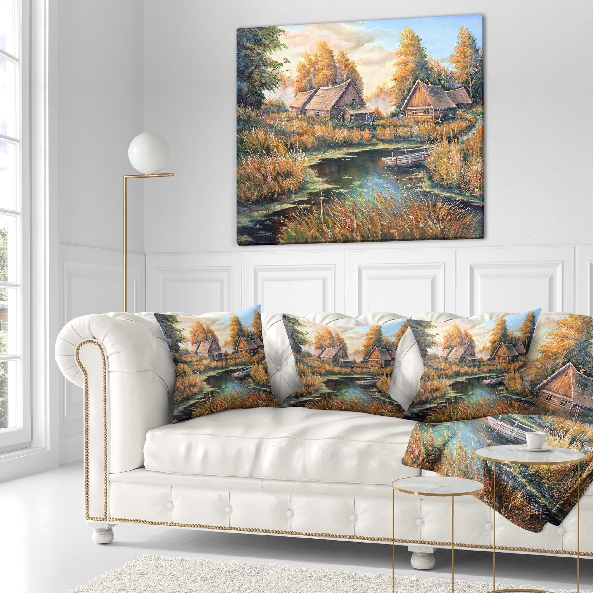 Designart Birches in Autumn Village - Landscape Printed Throw Pillow - 18x18