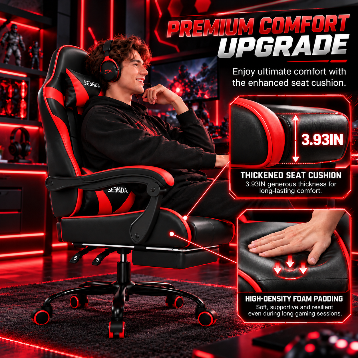 Seenda Gaming Chair with Footrest and Lumbar Support, Red photo 5