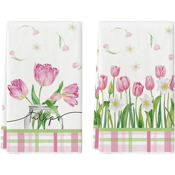 Tulip Buffalo Plaid Flowers Spring Kitchen Towels Dish Towels, 18x26 Inch Seasonal Floral Decoration Hand Towels Set of 2