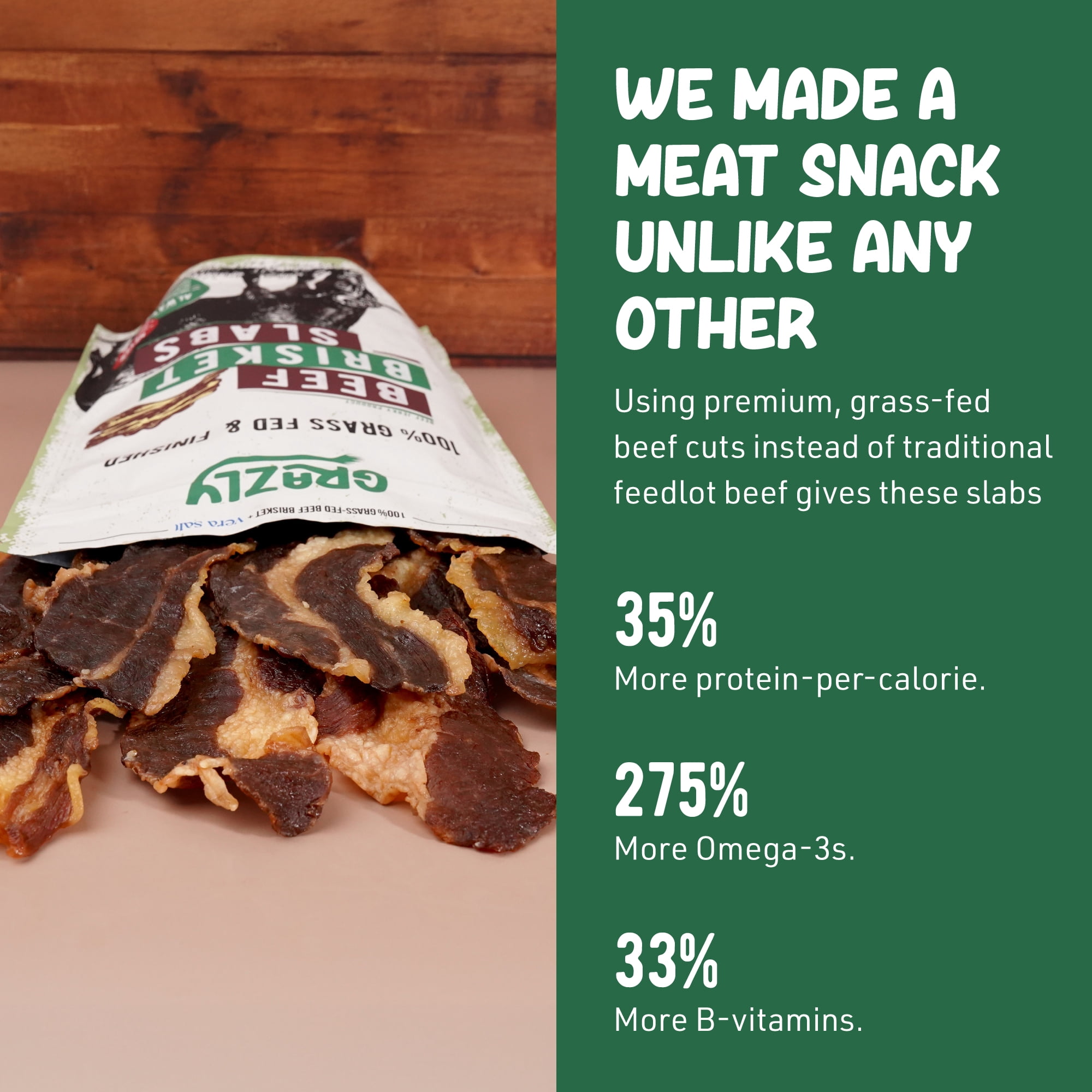 Grazly Beef Brisket Slab – Grass-Fed & Finished | Tender Beef Jerky Made with Only Meat & Salt | High-Protein Carnivore Snacks | Premium Brisket Jerky from 1lb Raw Meat | 5oz On-the-Go Snack Pack